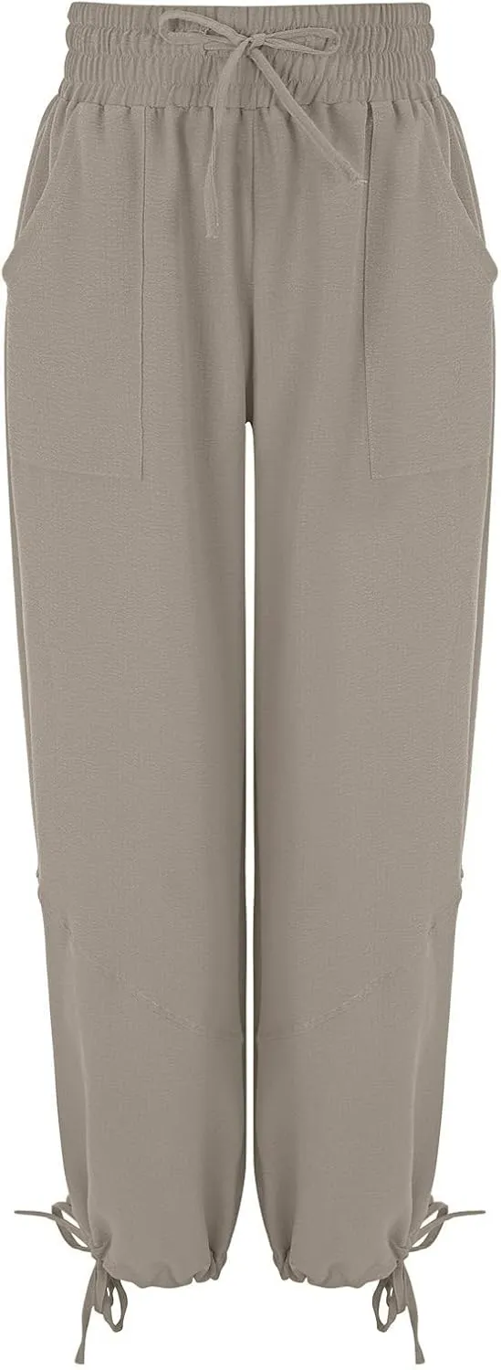 ZOCANIA Boho Pants for Womens Cotton Linen Ruffle Wide Leg Palazzo Pants Casual Lounge Trousers Summer Beach Baggy Joggers