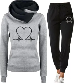 ZWRXW Two Piece Outfit for Women Graphic Hoodies Sweatshirt with Sweatpants Turtleneck Pullover Tracksuit Fall Jogger Set