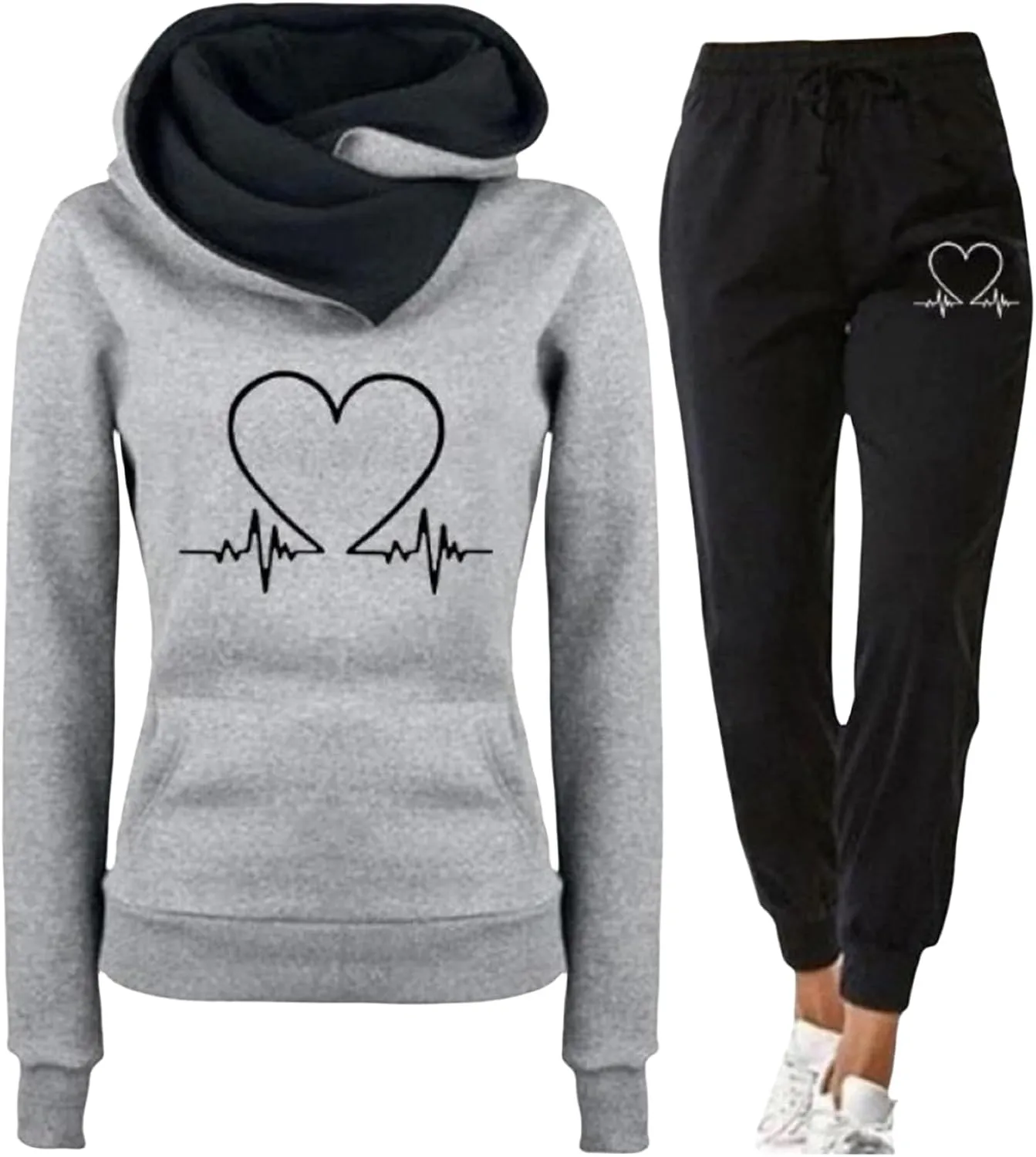 ZWRXW Two Piece Outfit for Women Graphic Hoodies Sweatshirt with Sweatpants Turtleneck Pullover Tracksuit Fall Jogger Set