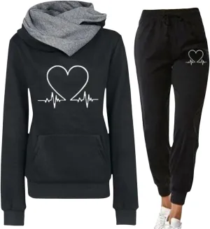 ZWRXW Two Piece Outfit for Women Graphic Hoodies Sweatshirt with Sweatpants Turtleneck Pullover Tracksuit Fall Jogger Set