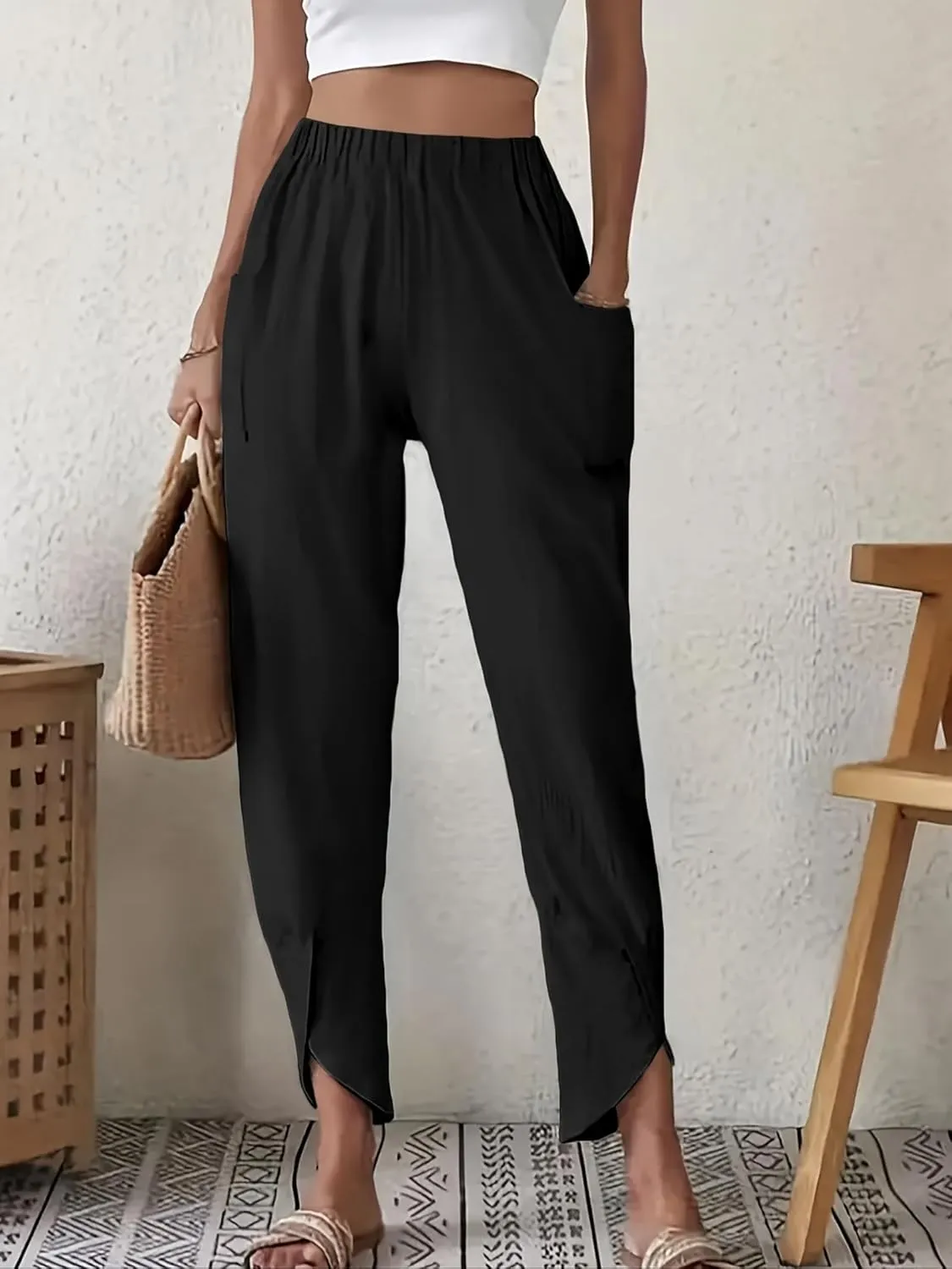 ZWRXW Womens Linen Pants Casual Loose Wide Leg Lounge Pants Elastic High Waist Beach Trousers Ankle Length Pants with Pockets
