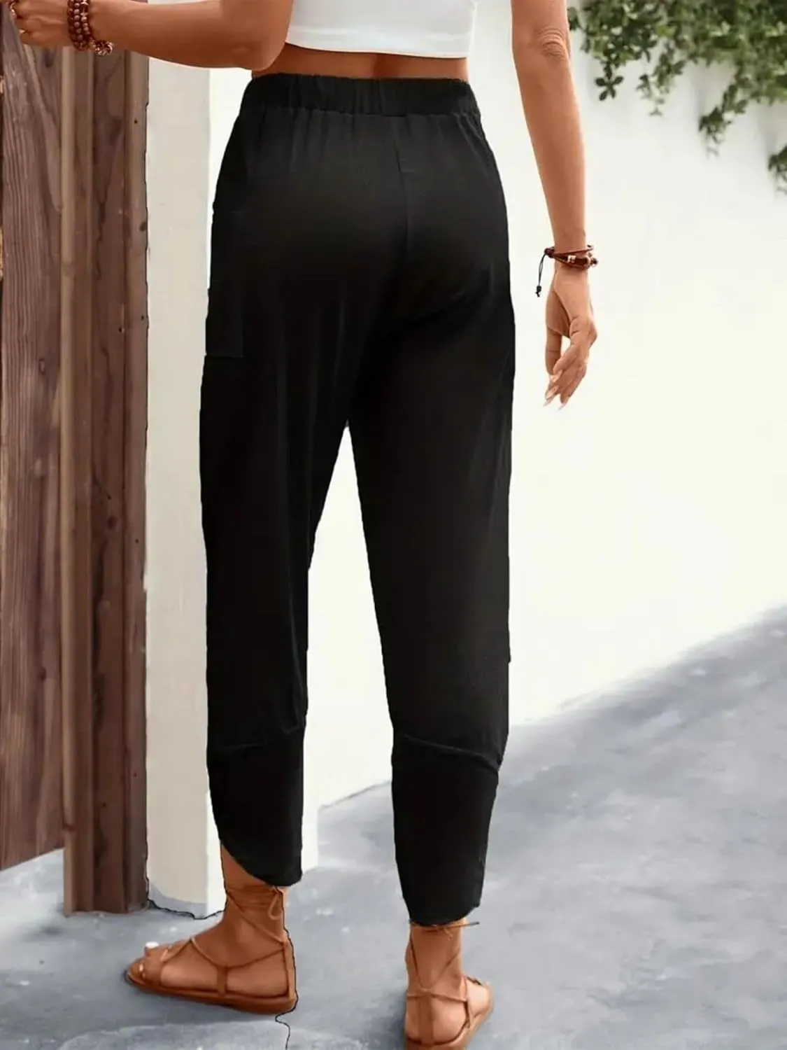 ZWRXW Womens Linen Pants Casual Loose Wide Leg Lounge Pants Elastic High Waist Beach Trousers Ankle Length Pants with Pockets