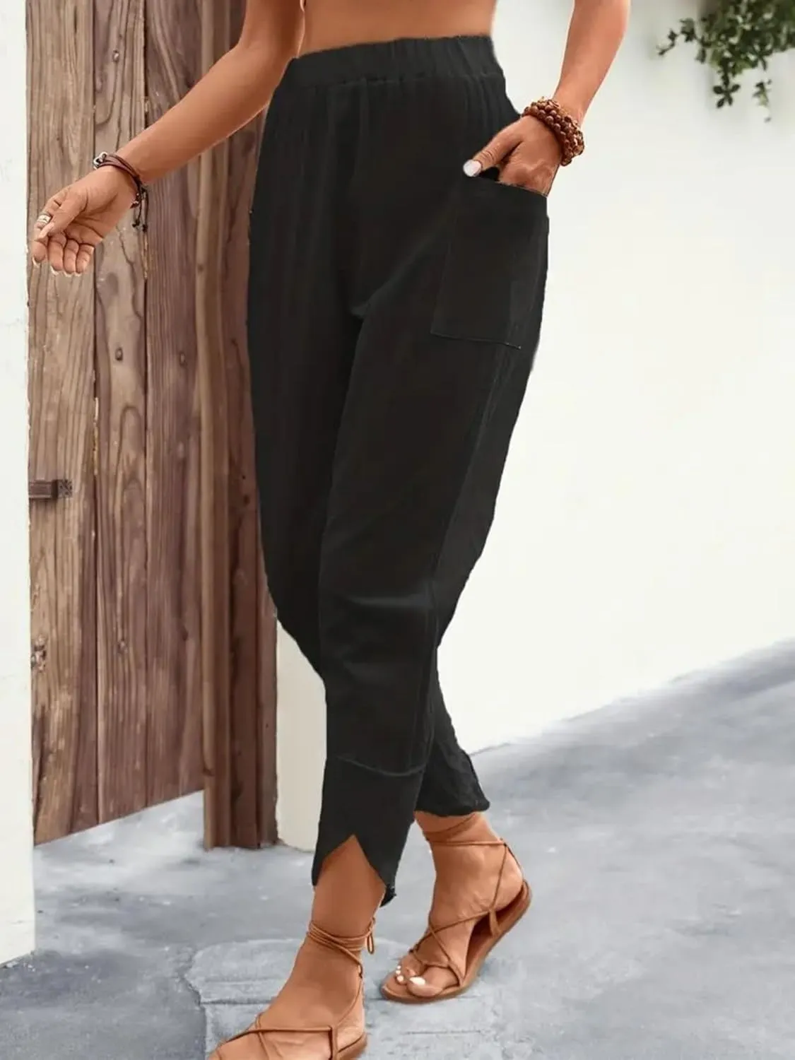 ZWRXW Womens Linen Pants Casual Loose Wide Leg Lounge Pants Elastic High Waist Beach Trousers Ankle Length Pants with Pockets