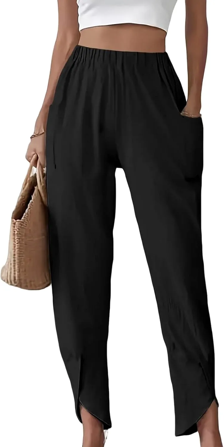 ZWRXW Womens Linen Pants Casual Loose Wide Leg Lounge Pants Elastic High Waist Beach Trousers Ankle Length Pants with Pockets