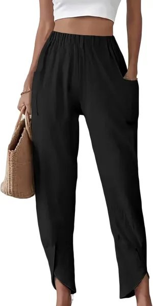 ZWRXW Womens Linen Pants Casual Loose Wide Leg Lounge Pants Elastic High Waist Beach Trousers Ankle Length Pants with Pockets