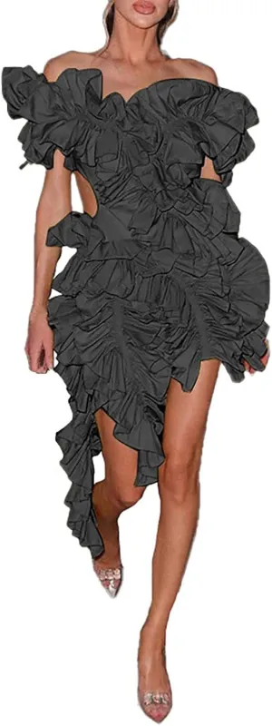 ZYXTIM Women's 2024 Novelty Summer Dress Off Shoulder Puff Sleeve Ruched Bodycon Dress Sexy V Neck Backless Fashion Dress