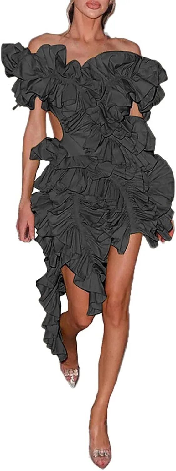 ZYXTIM Women's 2024 Novelty Summer Dress Off Shoulder Puff Sleeve Ruched Bodycon Dress Sexy V Neck Backless Fashion Dress